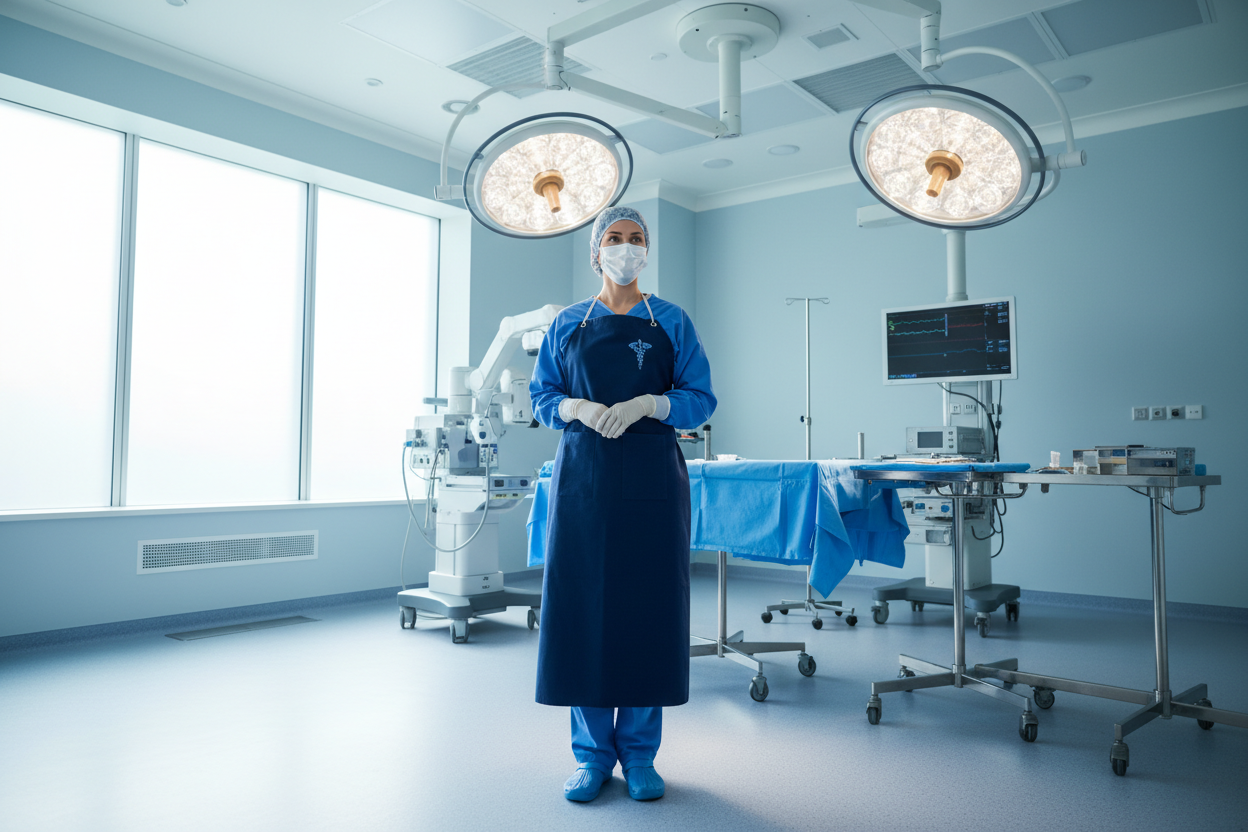 Surgeon wearing apron in operating theatre