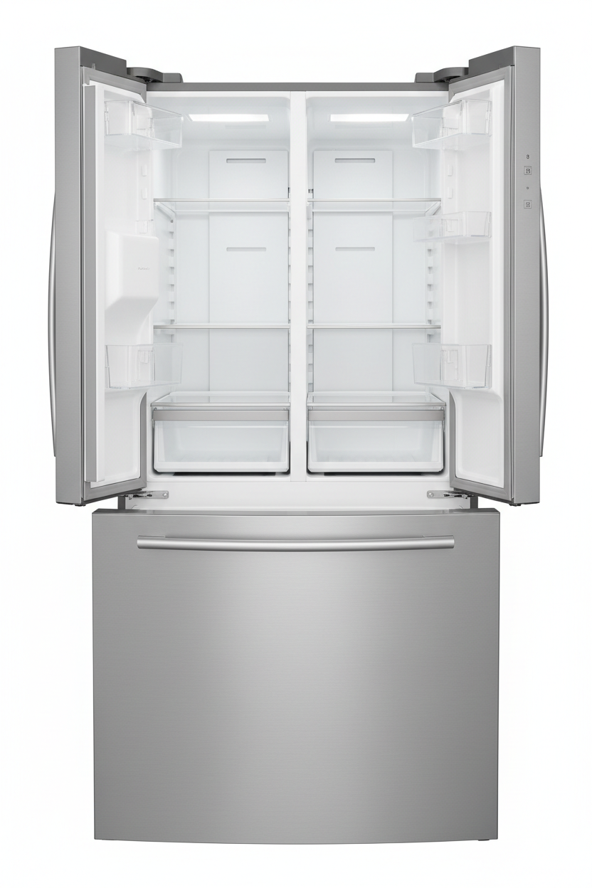 Modern stainless steel French door refrigerator with bottom freezer drawer on white background