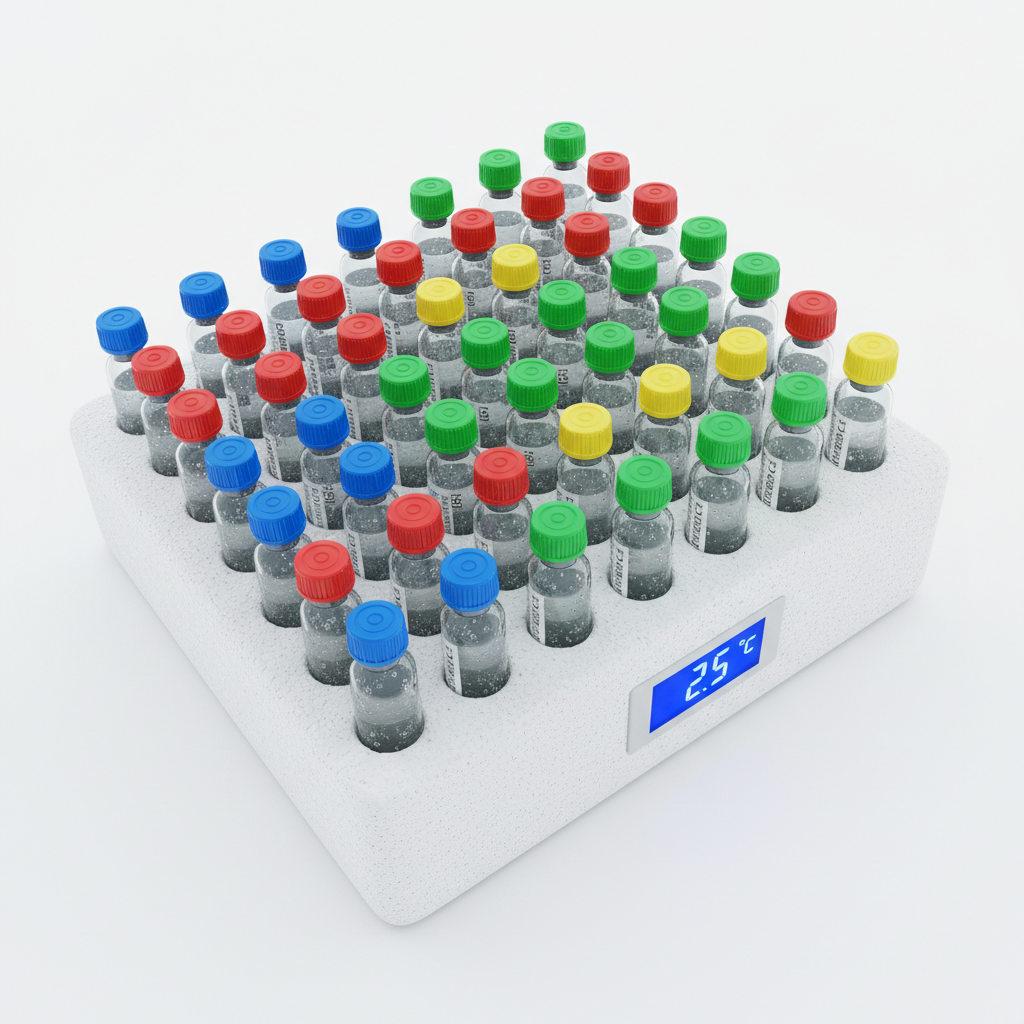 Vaccine vials in cold storage tray 45 degree angle