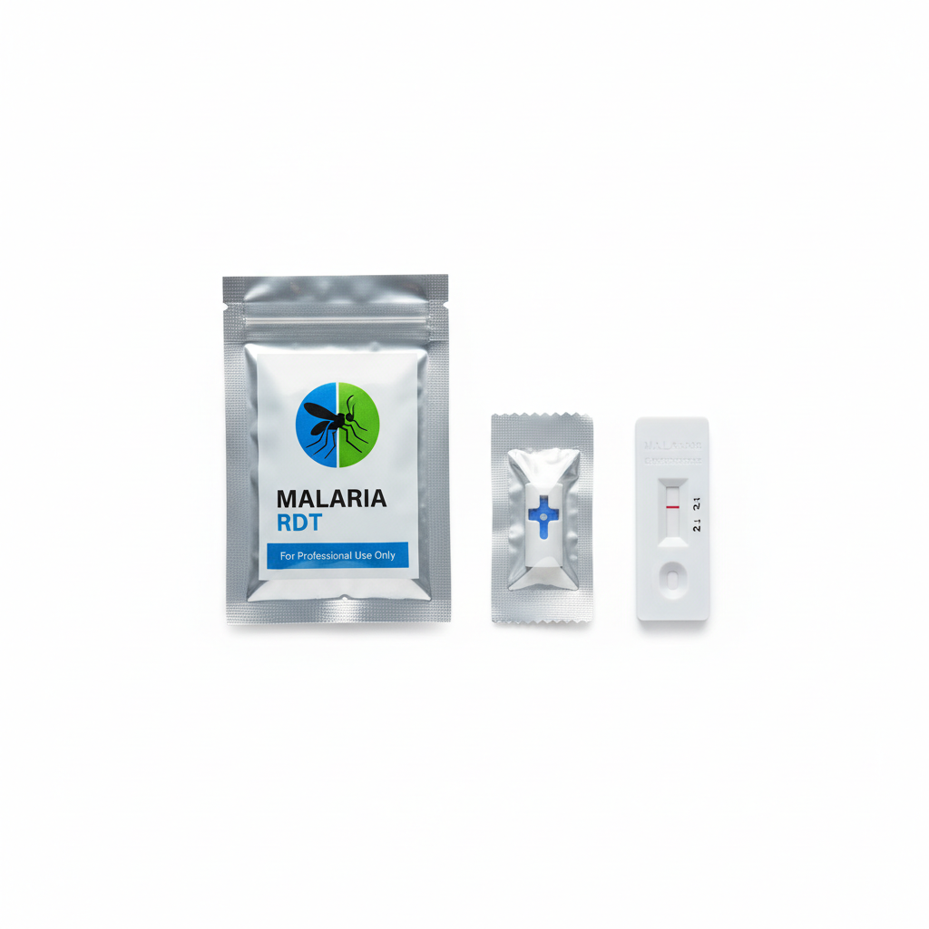 Malaria rapid diagnostic test kit on white background