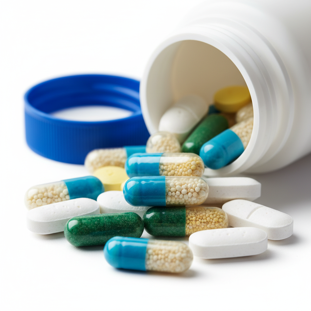 Antibiotic capsules and tablets close-up