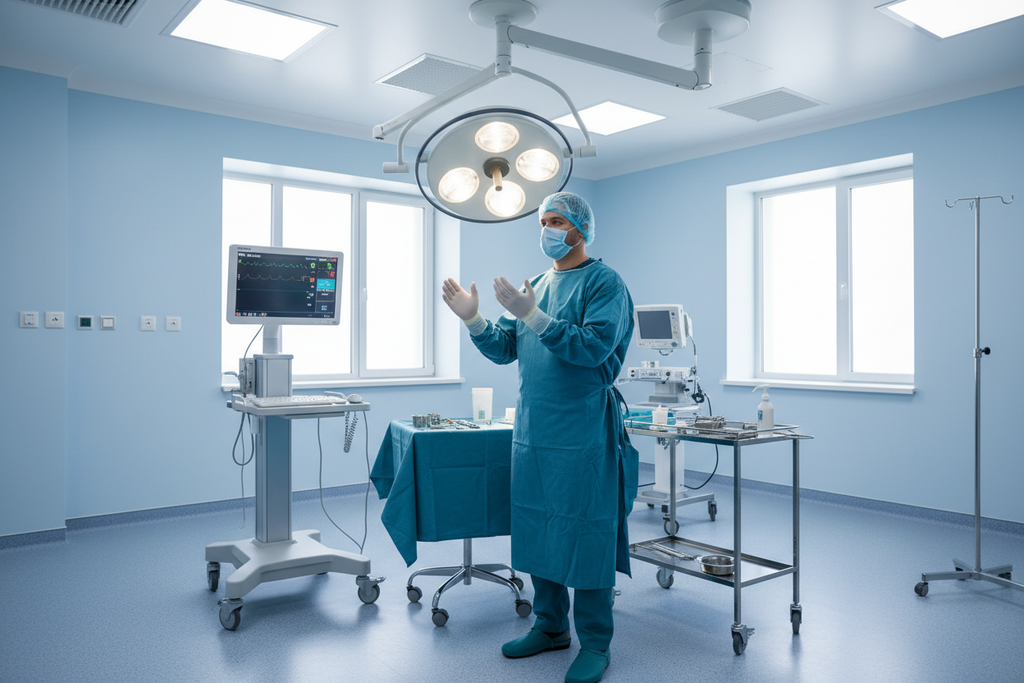 Surgeon wearing protective gown in operating theatre