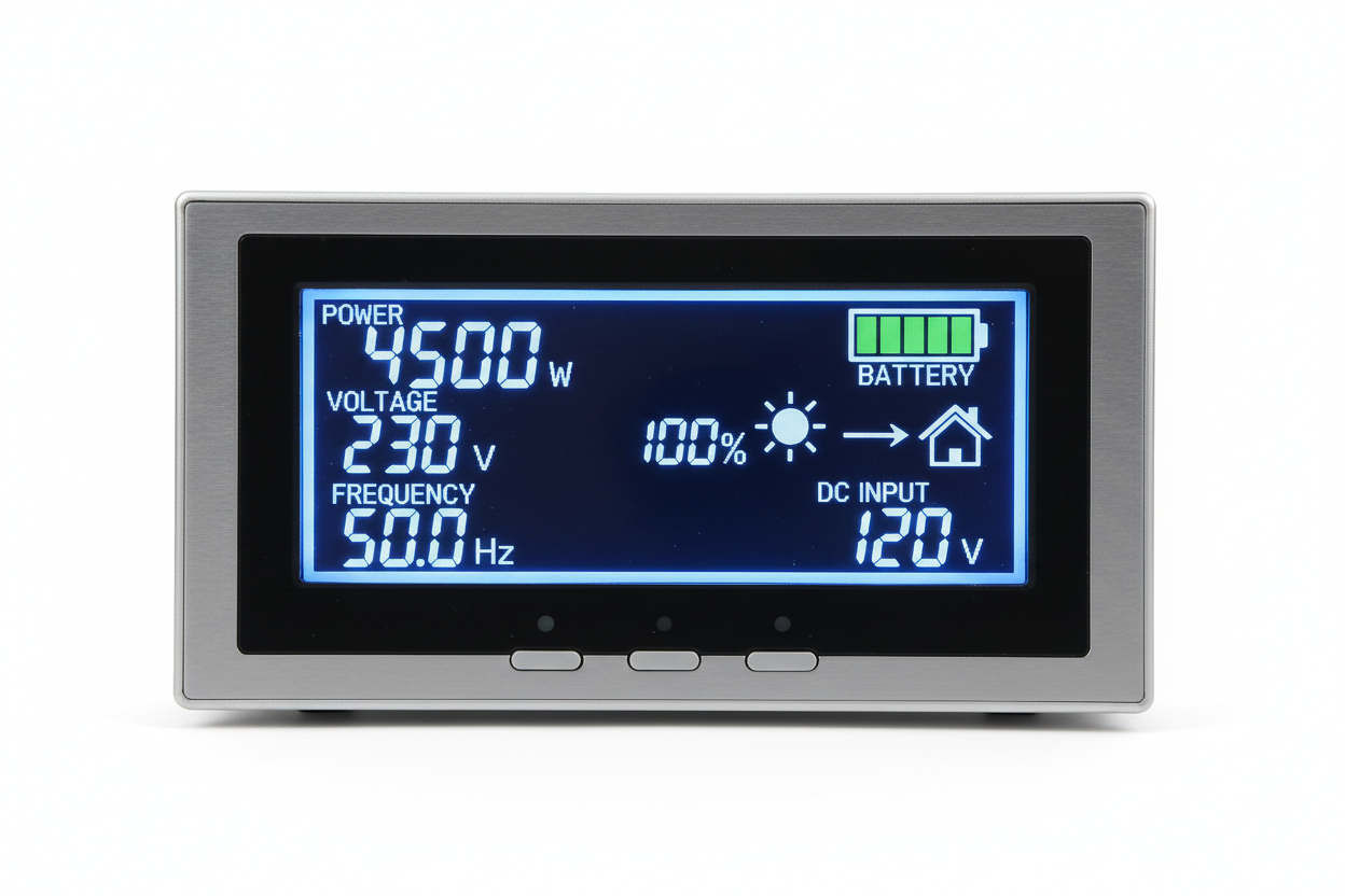 Close-up of inverter LCD display showing watts, voltage, frequency and battery status