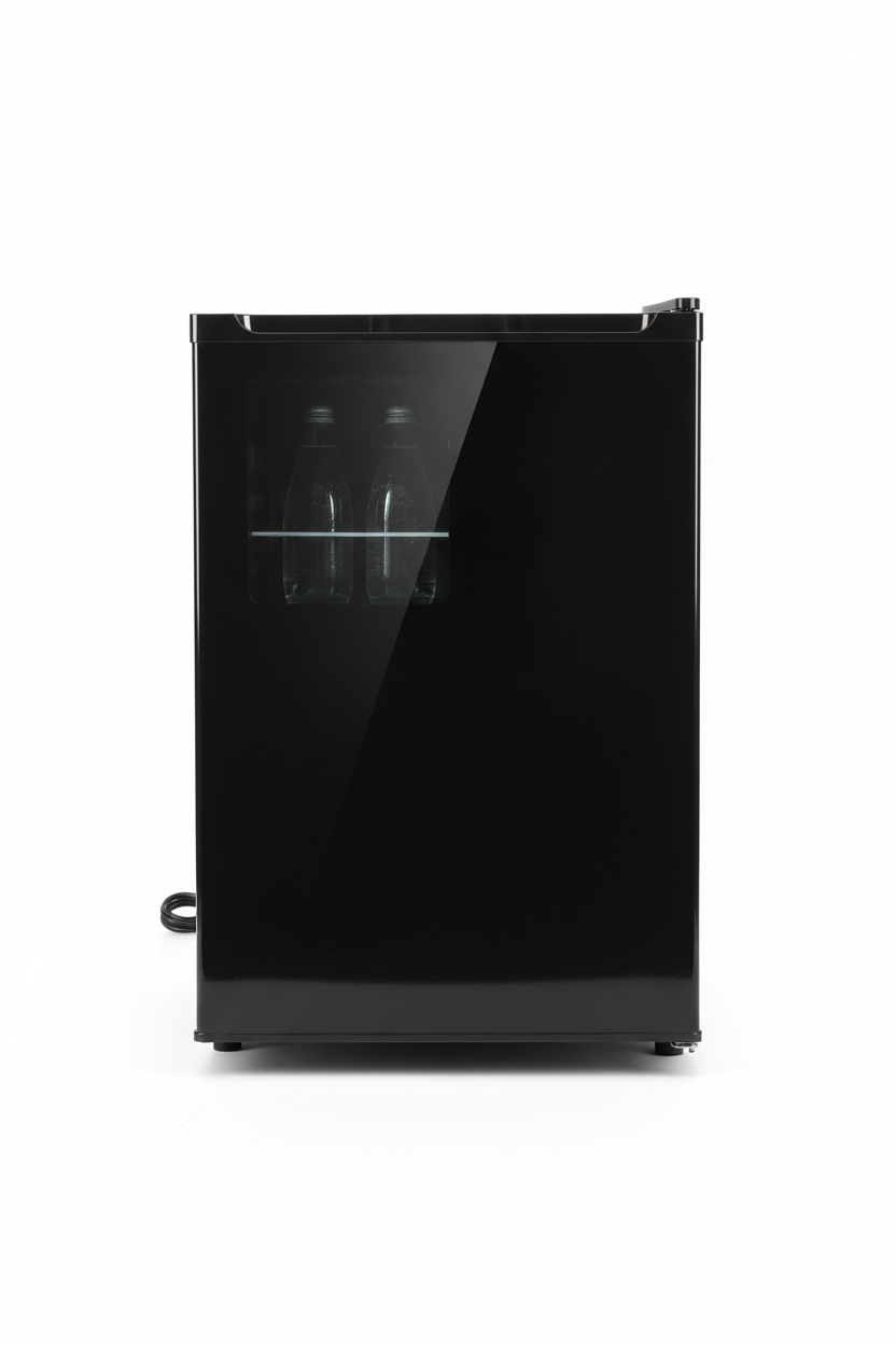 Sleek black compact mini fridge on clean white background