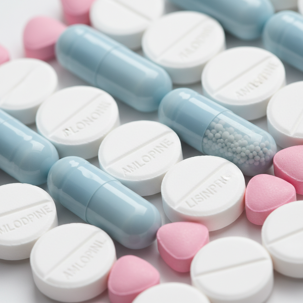 Blood pressure medication tablets close-up