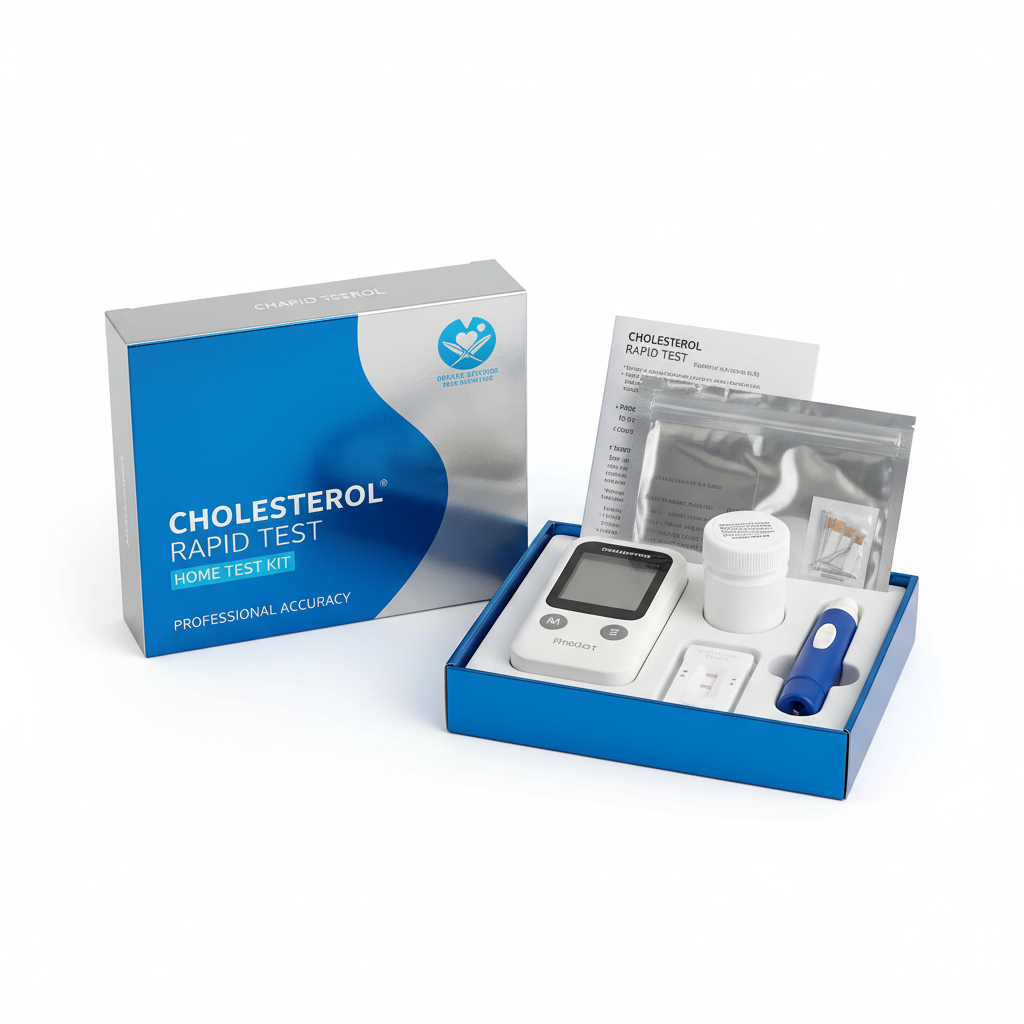 Cholesterol rapid test kit on white background