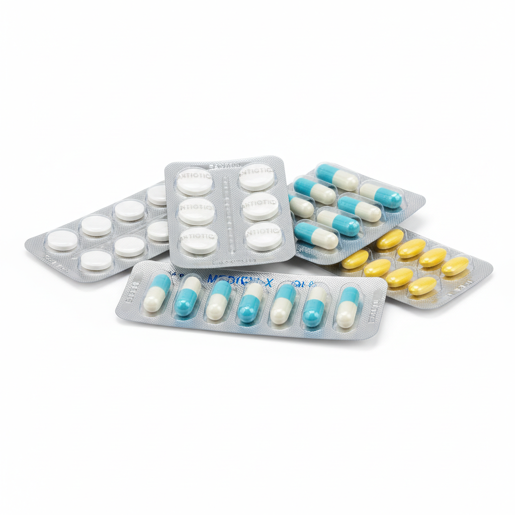Antibiotic tablets and capsules in blister packs