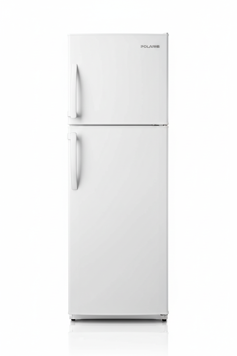 Classic white top-freezer refrigerator with freezer on top and fridge below on white background