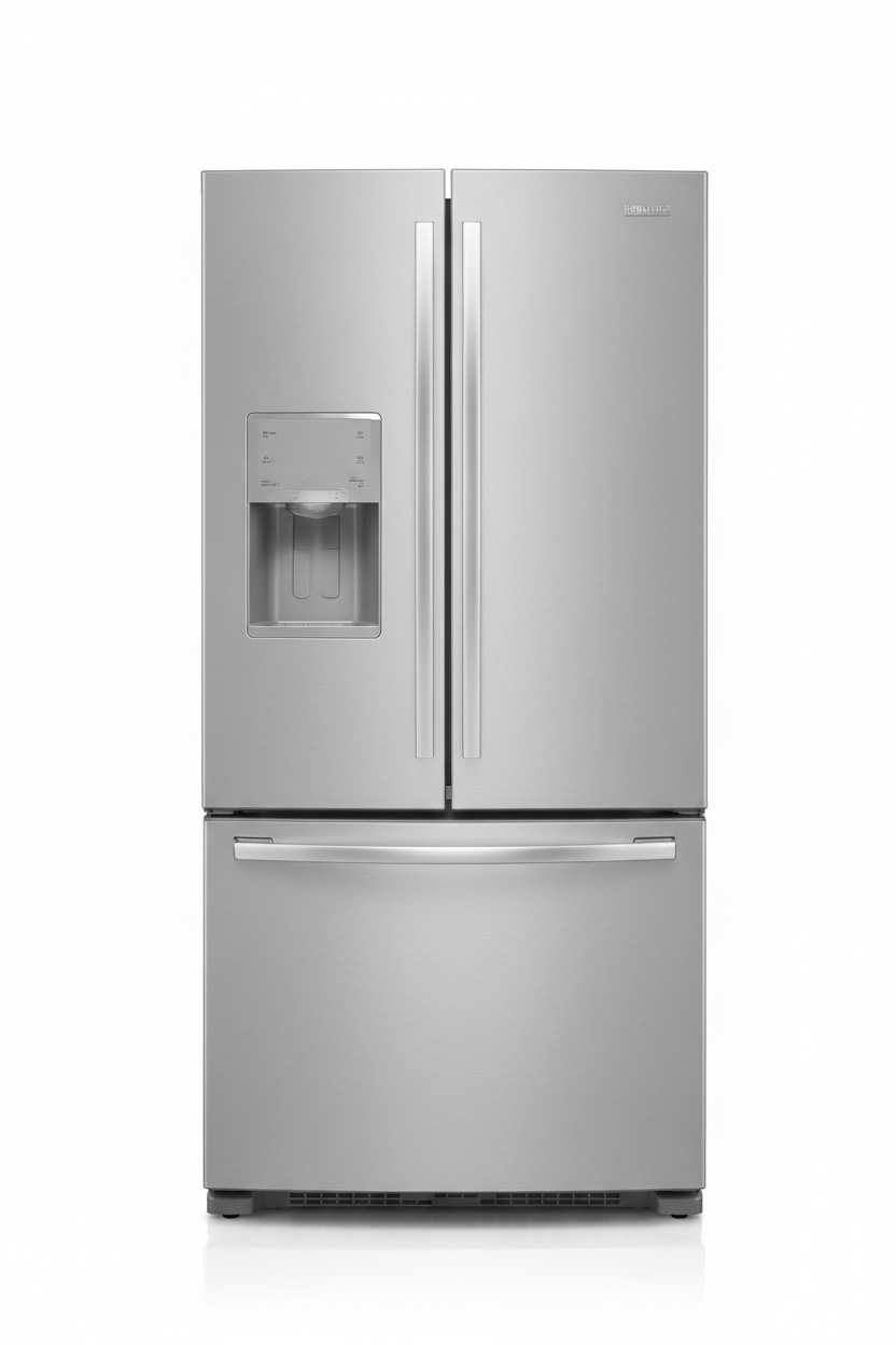 Stainless steel bottom-freezer refrigerator with fridge on top and freezer drawer at bottom on white background