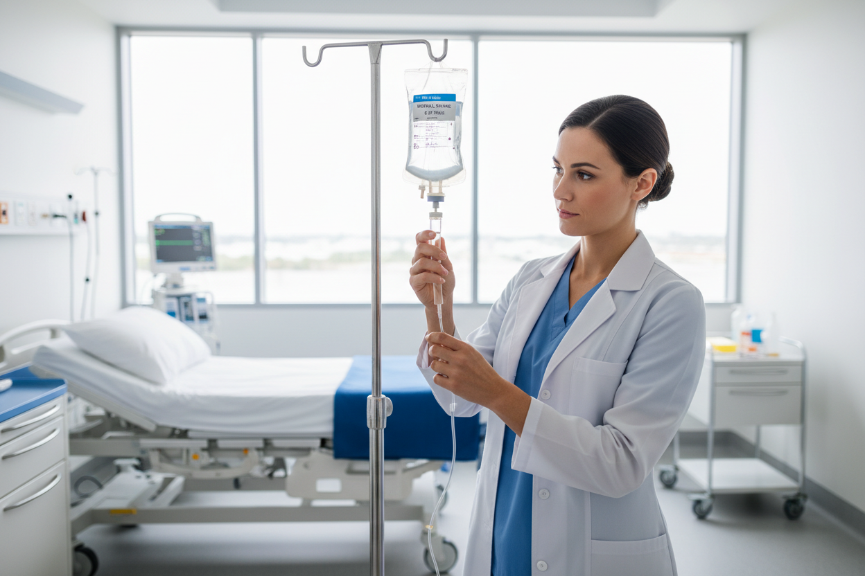 Nurse setting up IV drip in hospital ward