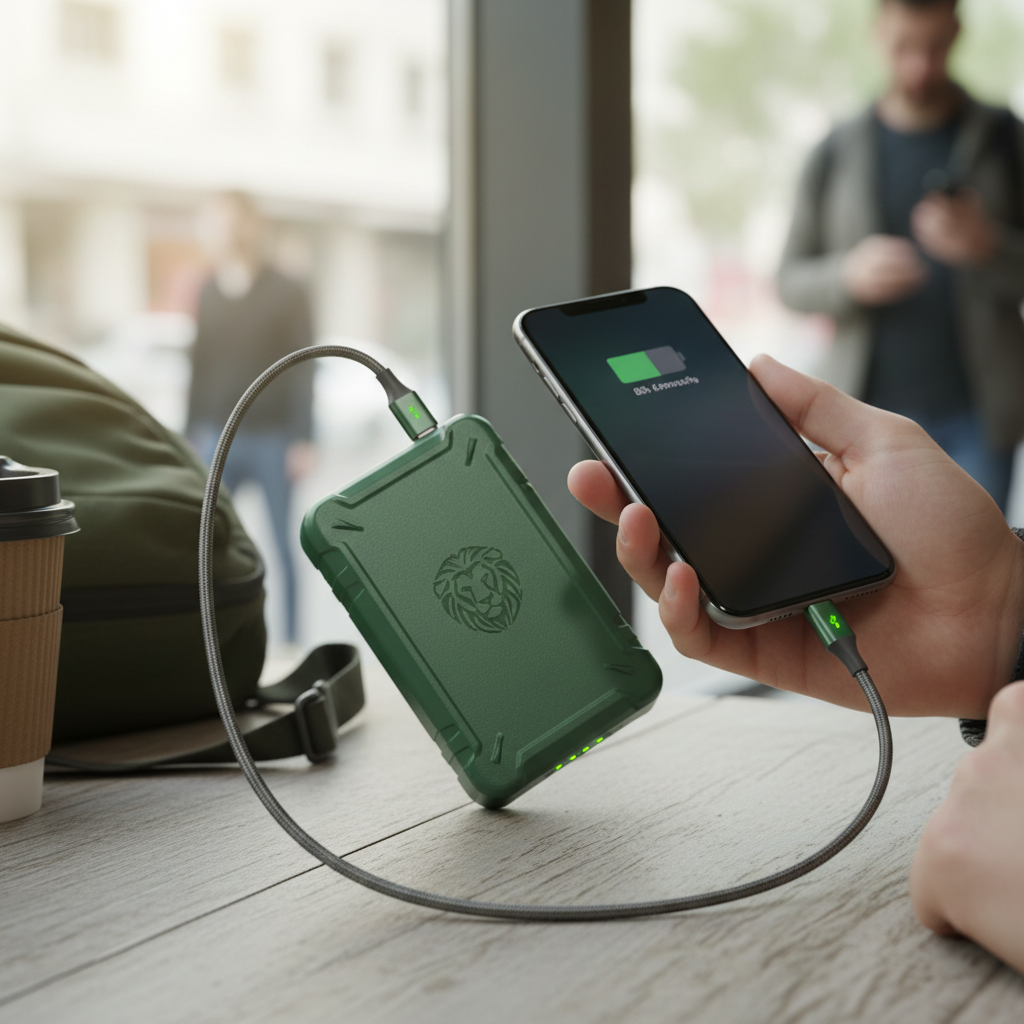 Green Lion power bank charging phone