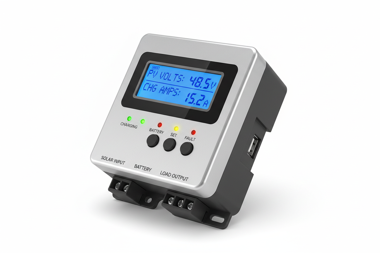 MPPT charge controller with digital display showing live voltage and current readings