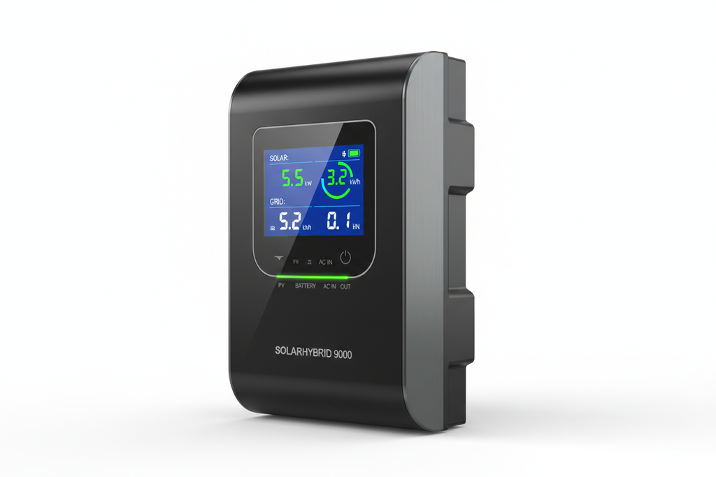 Solar hybrid inverter front view with LCD display on clean white background