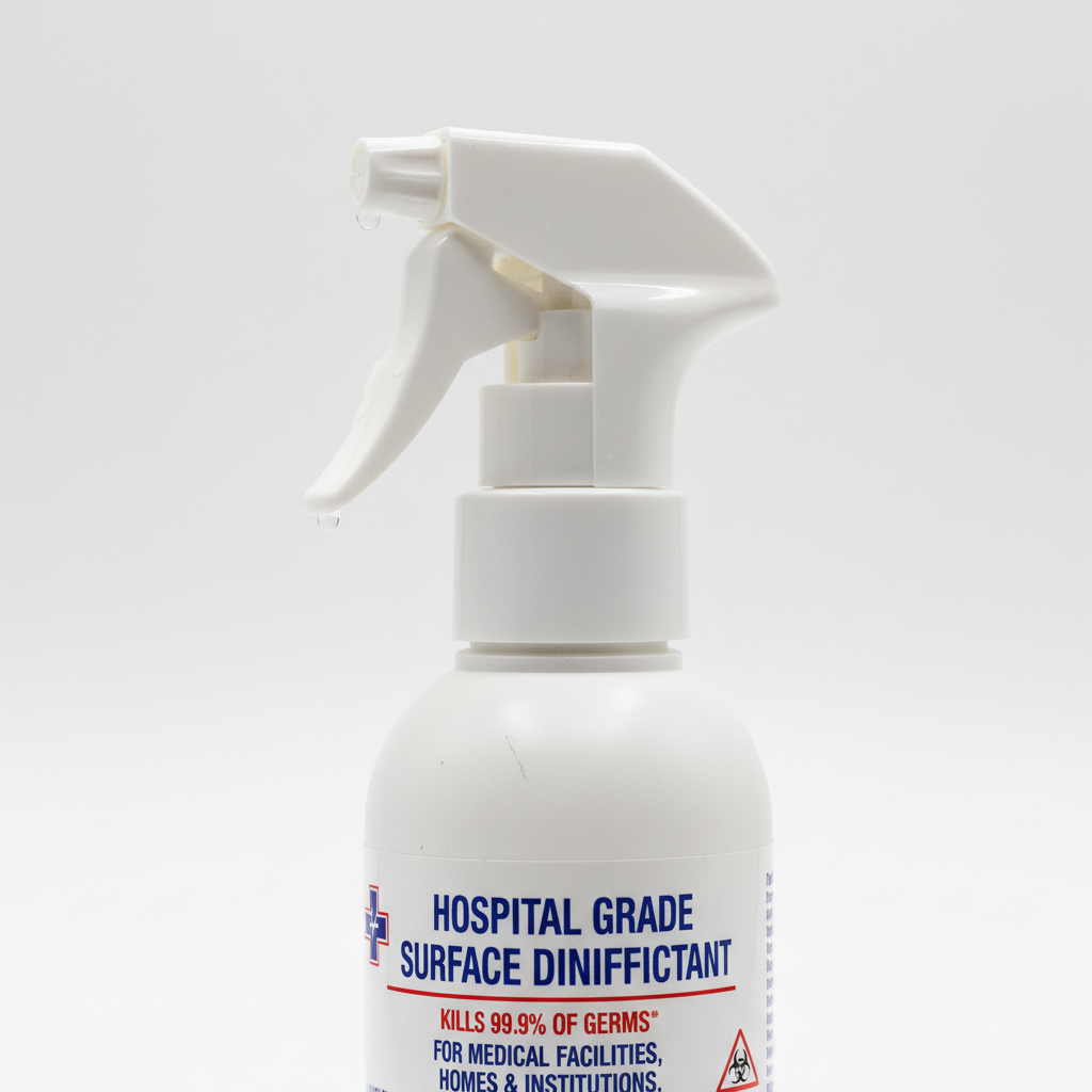 Disinfectant spray nozzle and label close-up