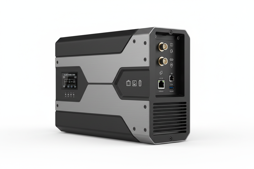 Solar hybrid inverter 45 degree angle showing side ports and ventilation