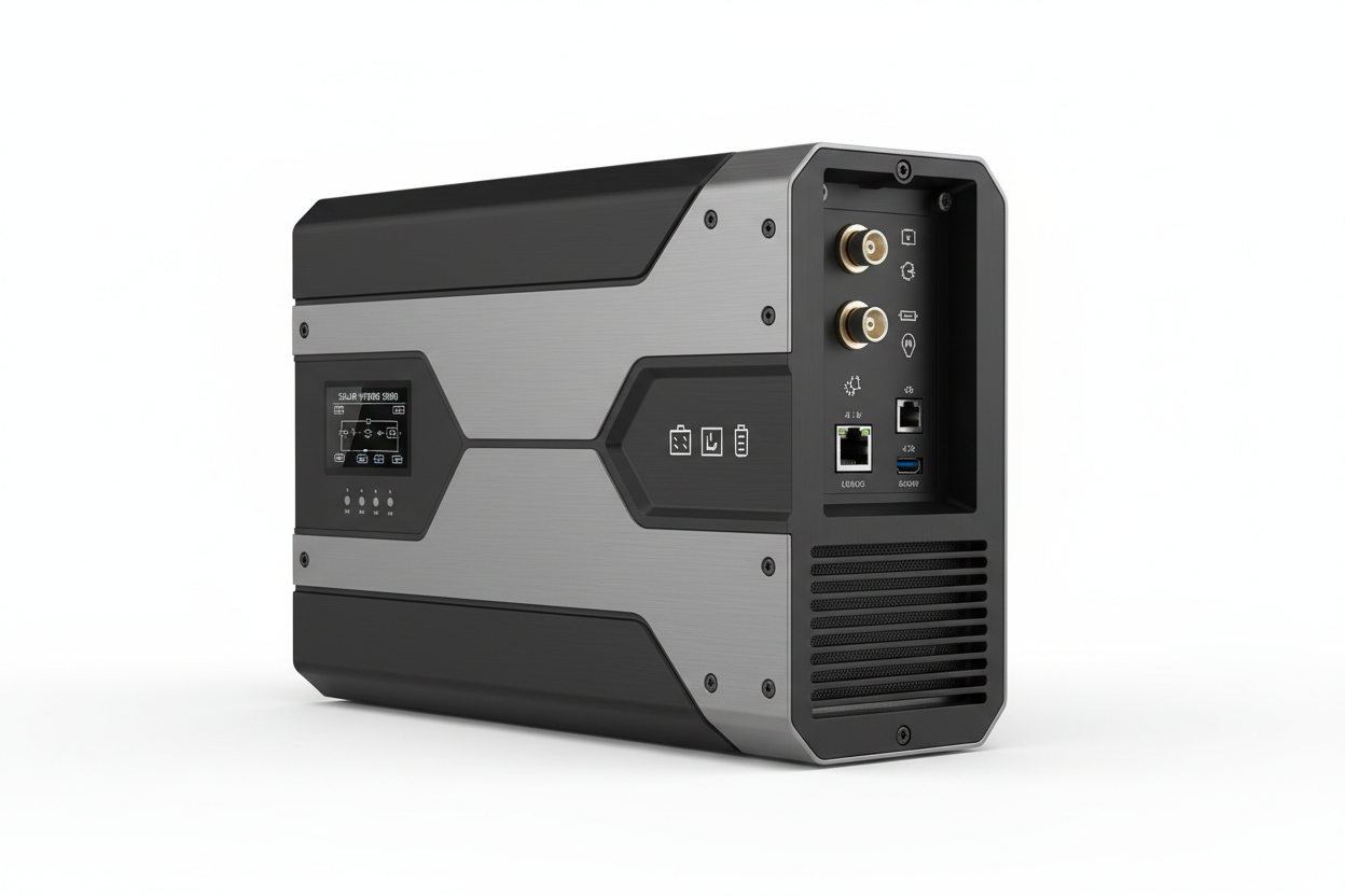 Solar hybrid inverter 45 degree angle showing side ports and ventilation