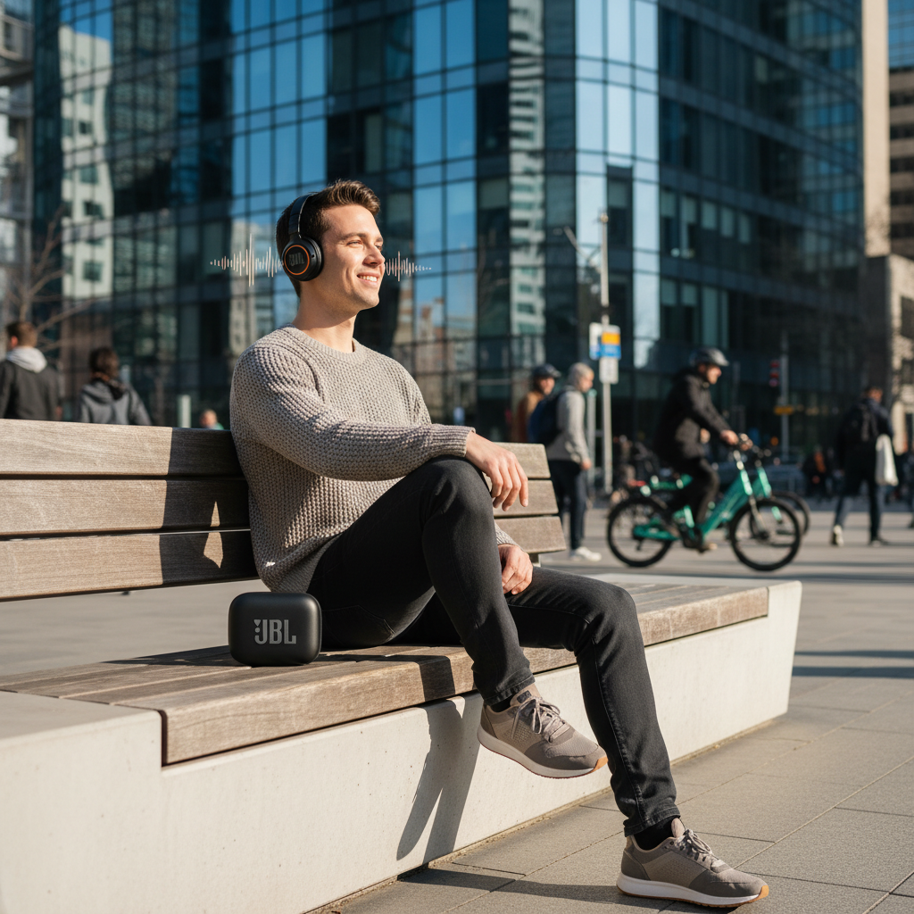 Person wearing JBL headphones