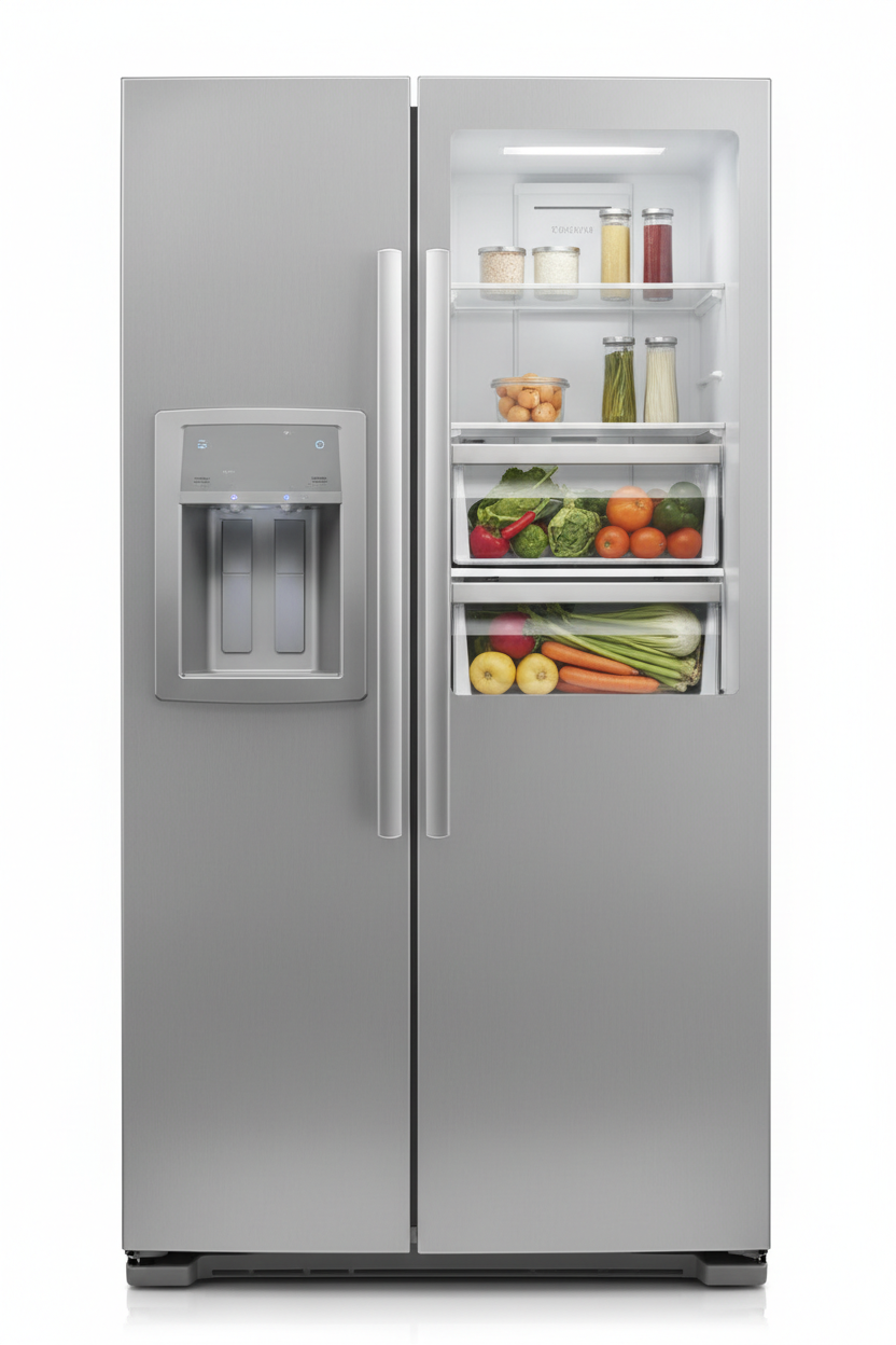Stainless steel side-by-side refrigerator with ice and water dispenser on white background