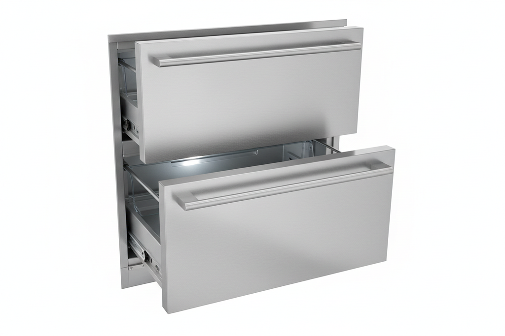 Built-in undercounter refrigerator with pull-out drawer in stainless steel on white background