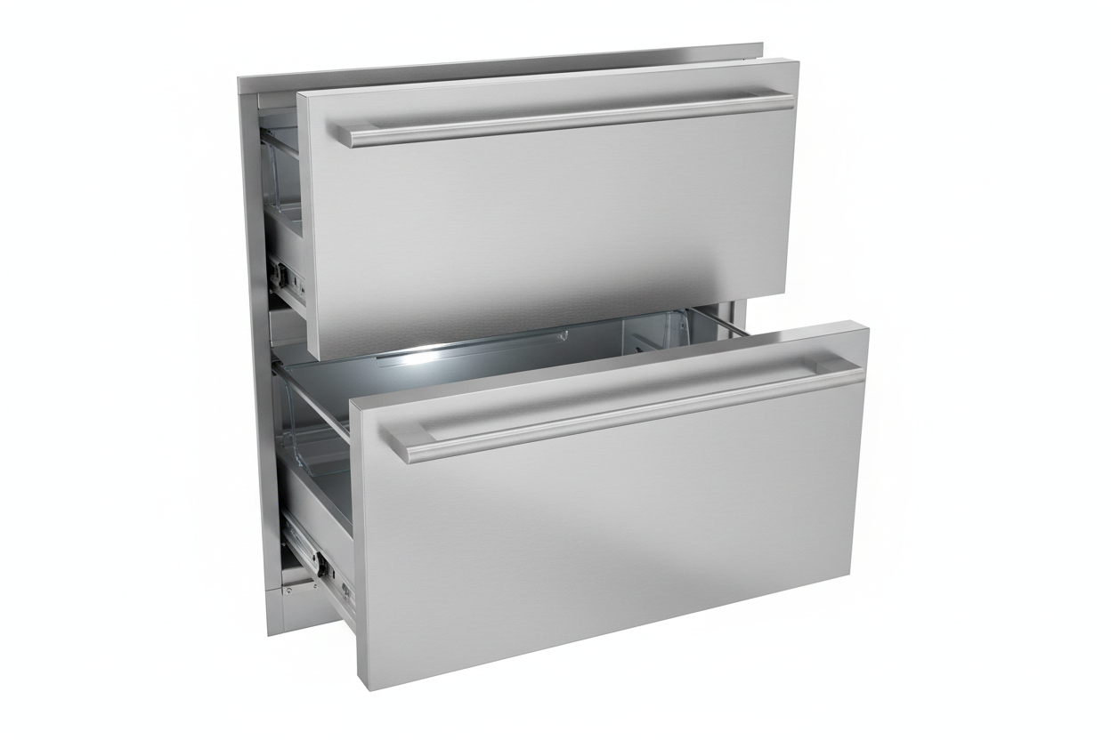 Built-in undercounter refrigerator with pull-out drawer in stainless steel on white background