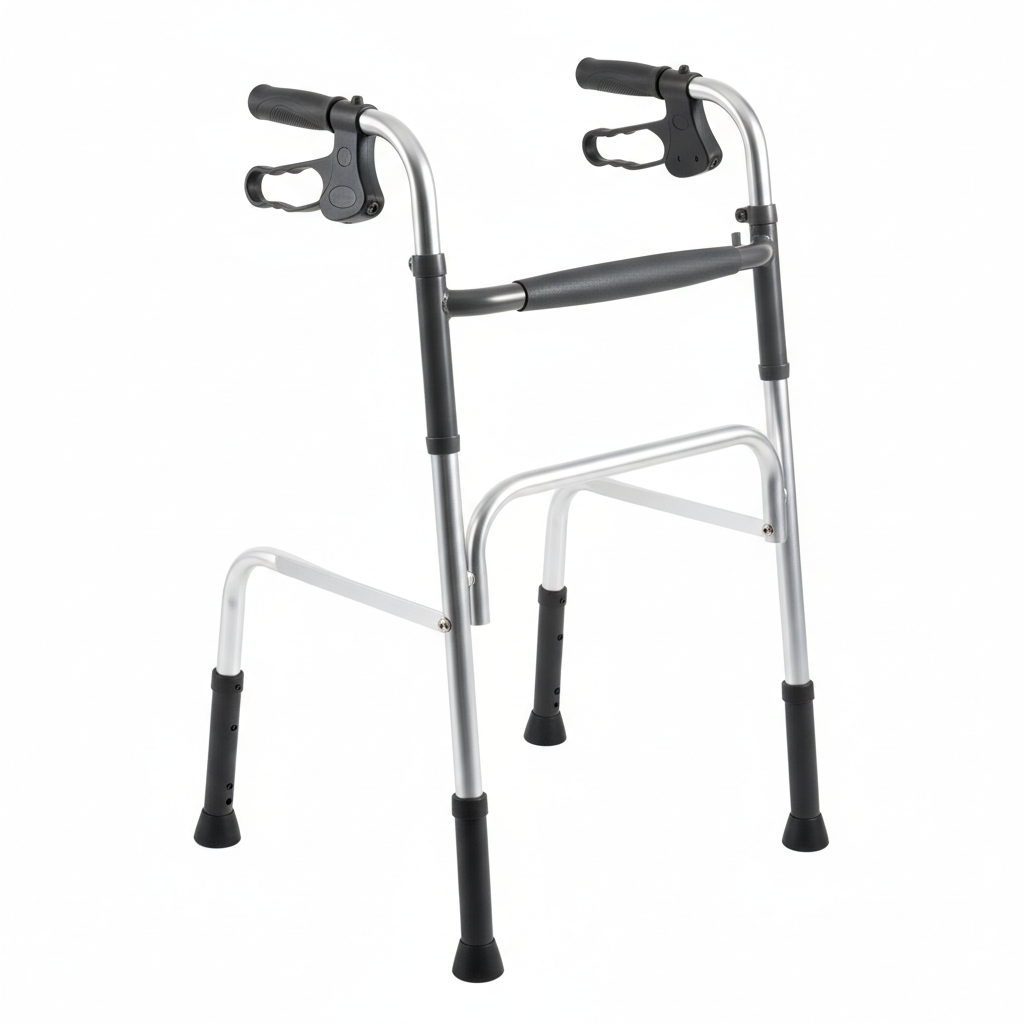 Lightweight aluminum walking frame mobility aid on white background