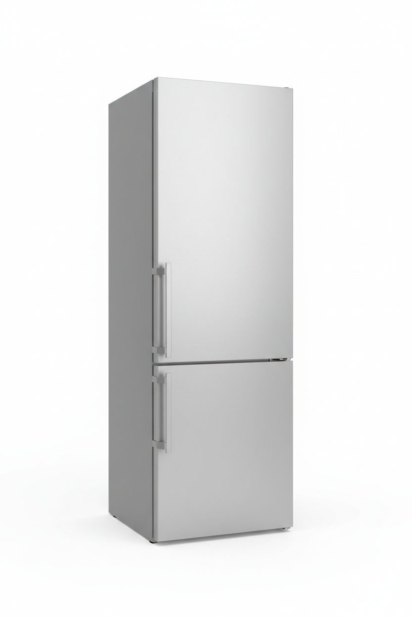 Tall built-in all-refrigerator column unit in stainless steel on white background