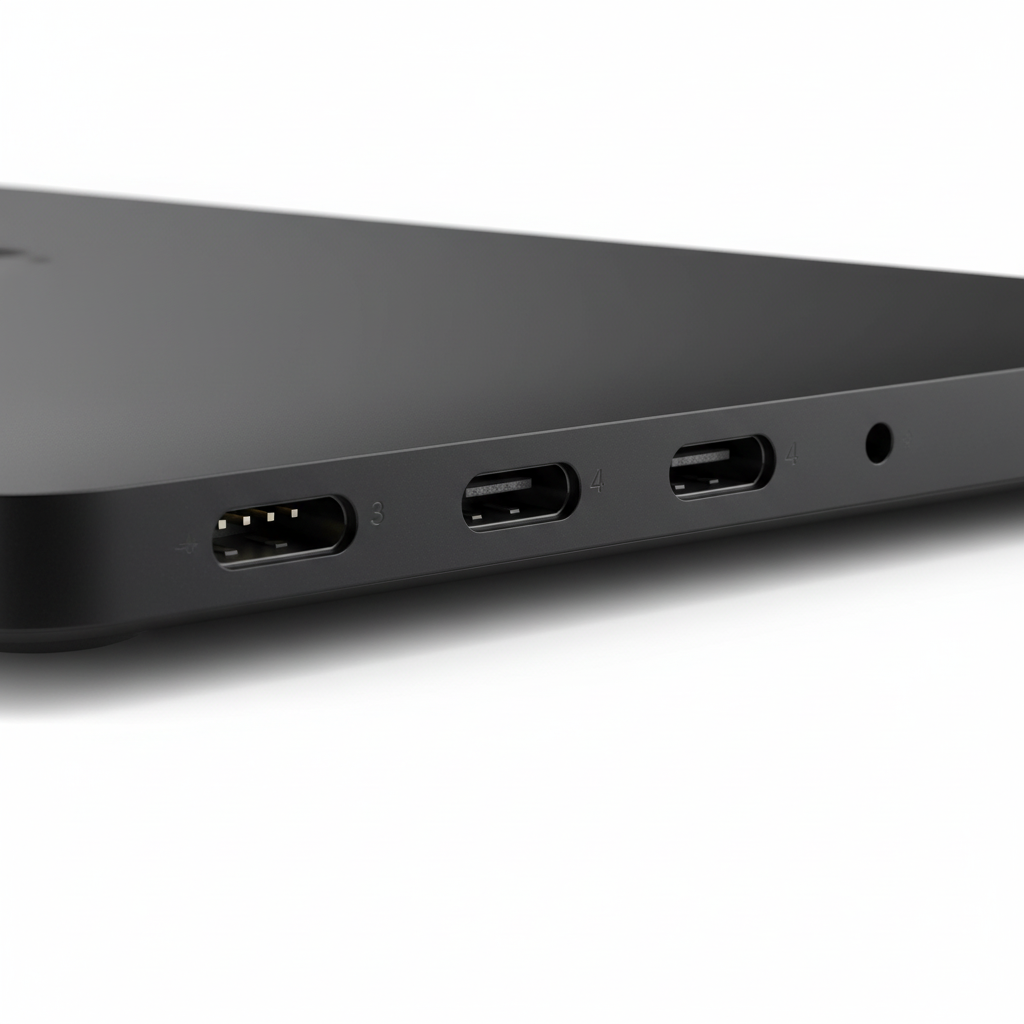 Macro detail of MagSafe and Thunderbolt ports